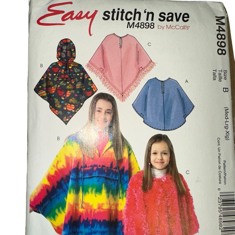 McCalls Easy Stitch 'n Save Sewing Pattern M4898 Girls Poncho Size Med-XL Uncut